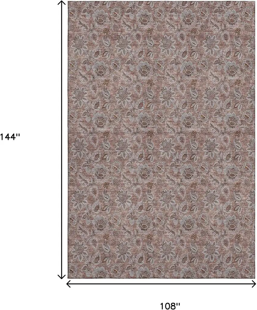Copper And Gray Floral Washable Area Rug With UV Protection Photo 3