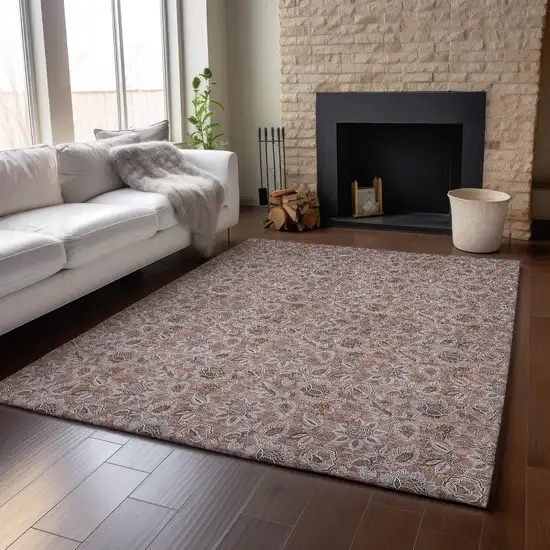 Copper And Gray Floral Washable Area Rug With UV Protection Photo 6