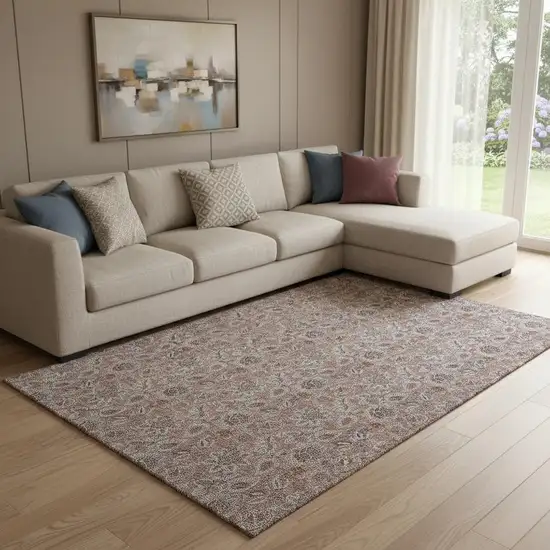 Copper And Gray Floral Washable Area Rug With UV Protection Photo 1