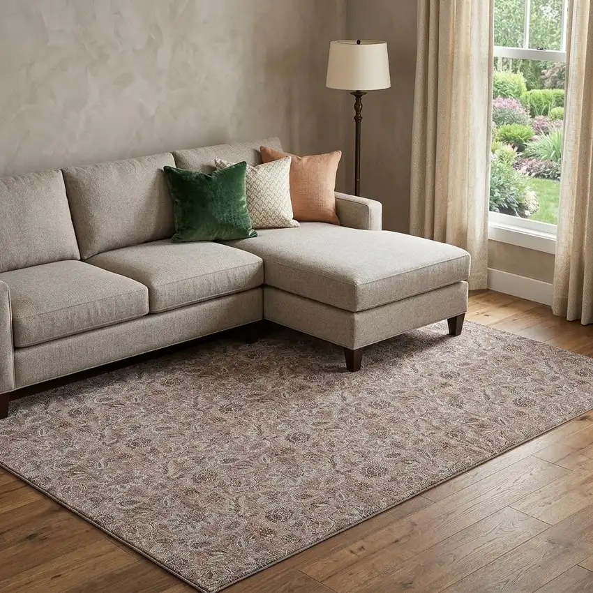 Copper And Gray Floral Washable Area Rug With UV Protection Photo 1