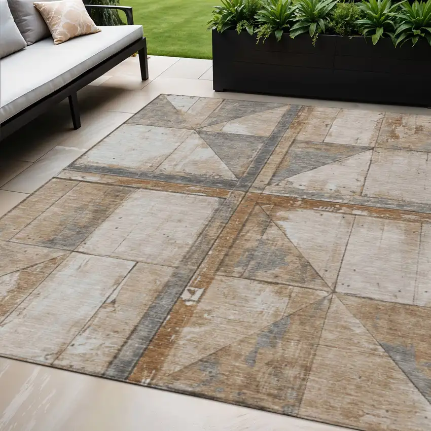 Copper And Gray Geometric Washable Indoor Outdoor Area Rug Photo 2
