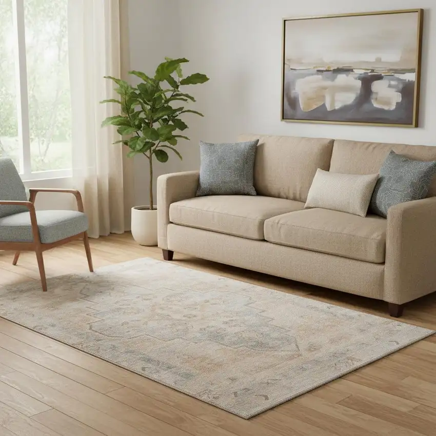 Copper And Gray Medallion Washable Area Rug With UV Protection Photo 2