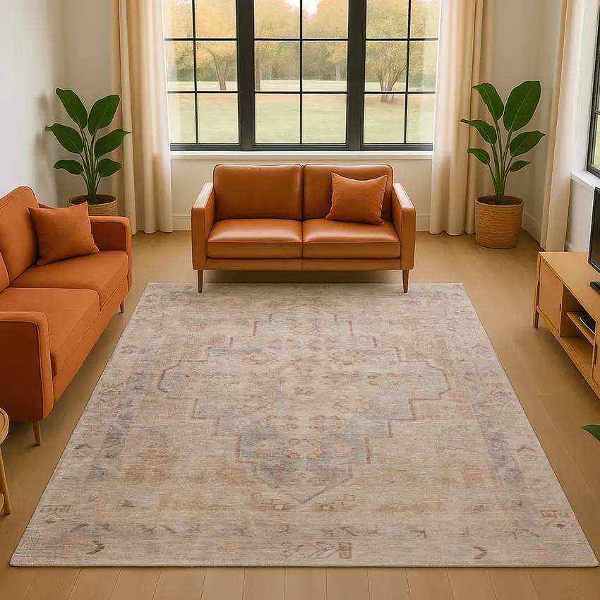 Copper And Gray Medallion Washable Area Rug With UV Protection Photo 5