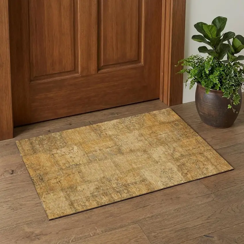 Copper And Gray Patchwork Washable Area Rug With UV Protection Photo 1