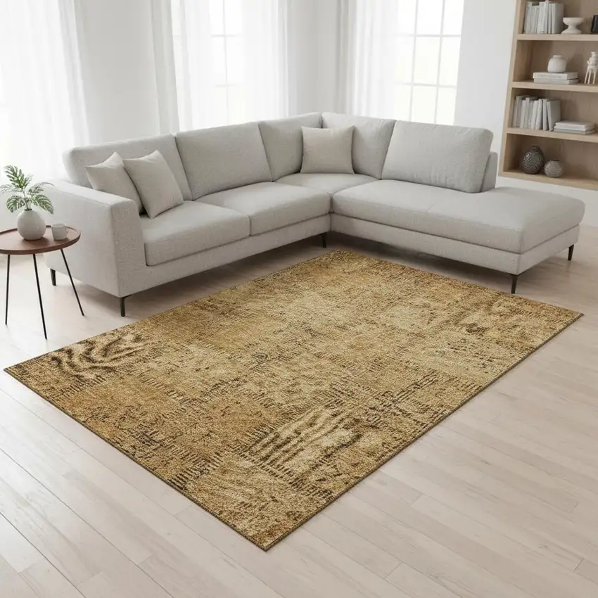 Copper And Gray Patchwork Washable Area Rug With UV Protection Photo 1