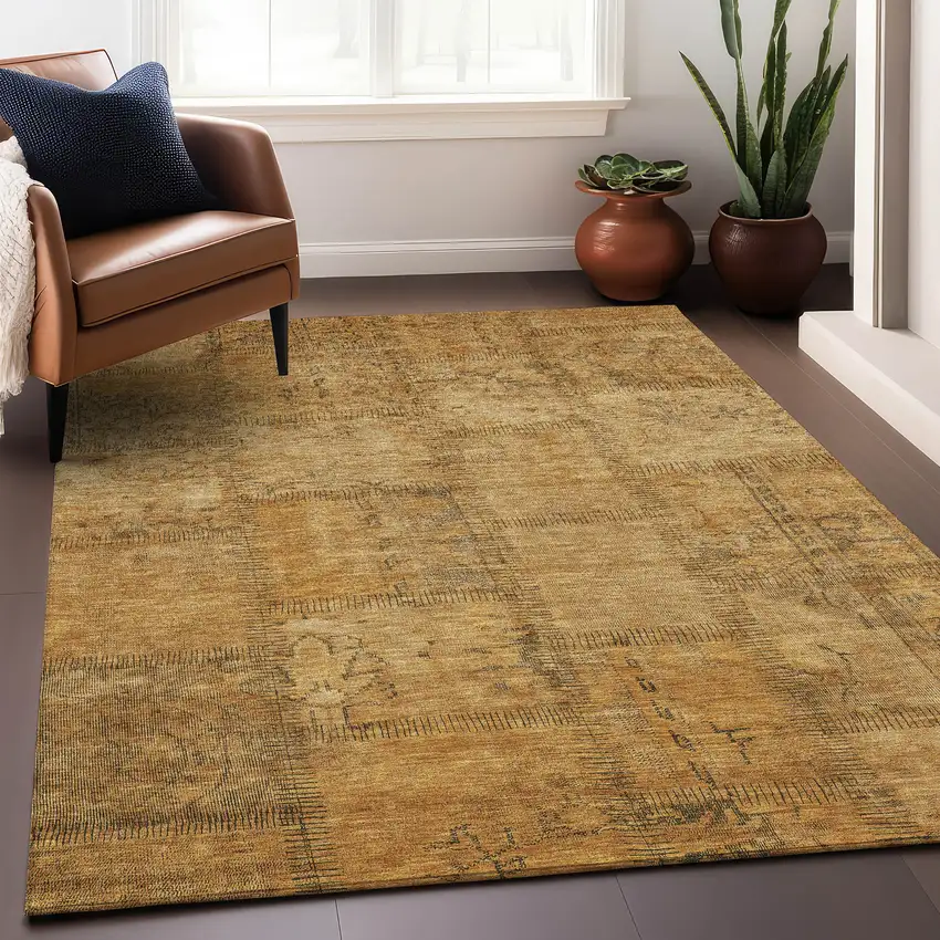 Copper And Gray Patchwork Washable Area Rug With UV Protection Photo 5