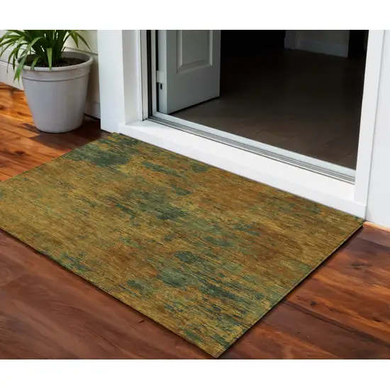 Copper And Green Abstract Washable Indoor Outdoor Area Rug Photo 1