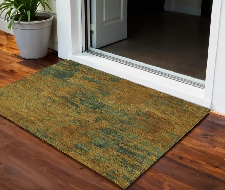 Copper And Green Abstract Washable Indoor Outdoor Area Rug Photo 1