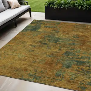 Photo of Copper And Green Abstract Washable Indoor Outdoor Area Rug