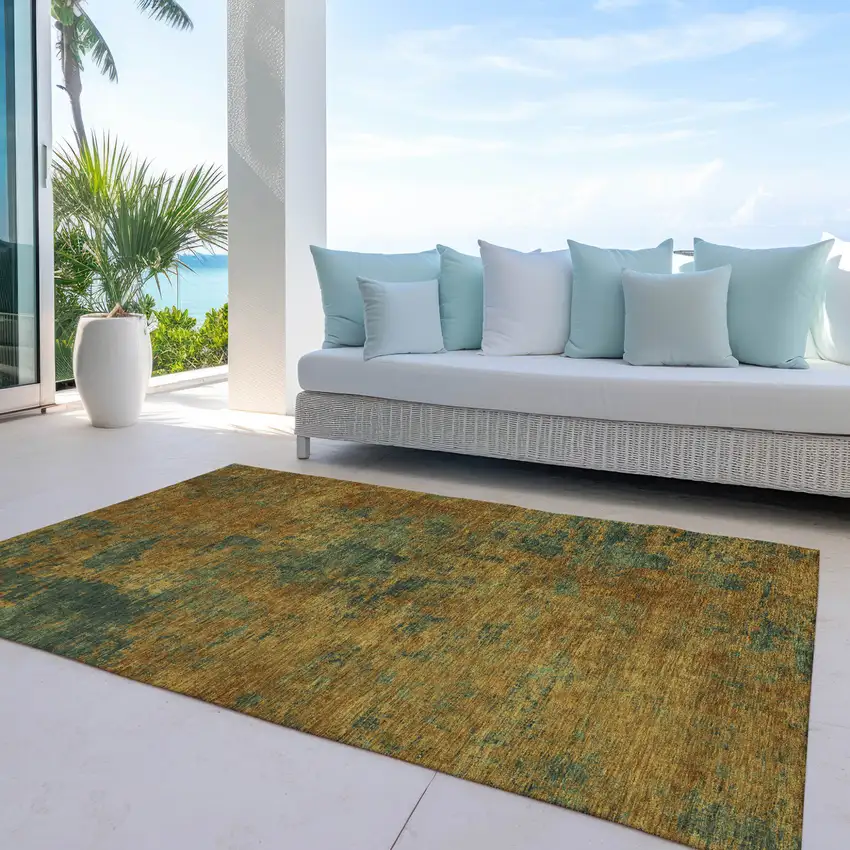 Copper And Green Abstract Washable Indoor Outdoor Area Rug Photo 7