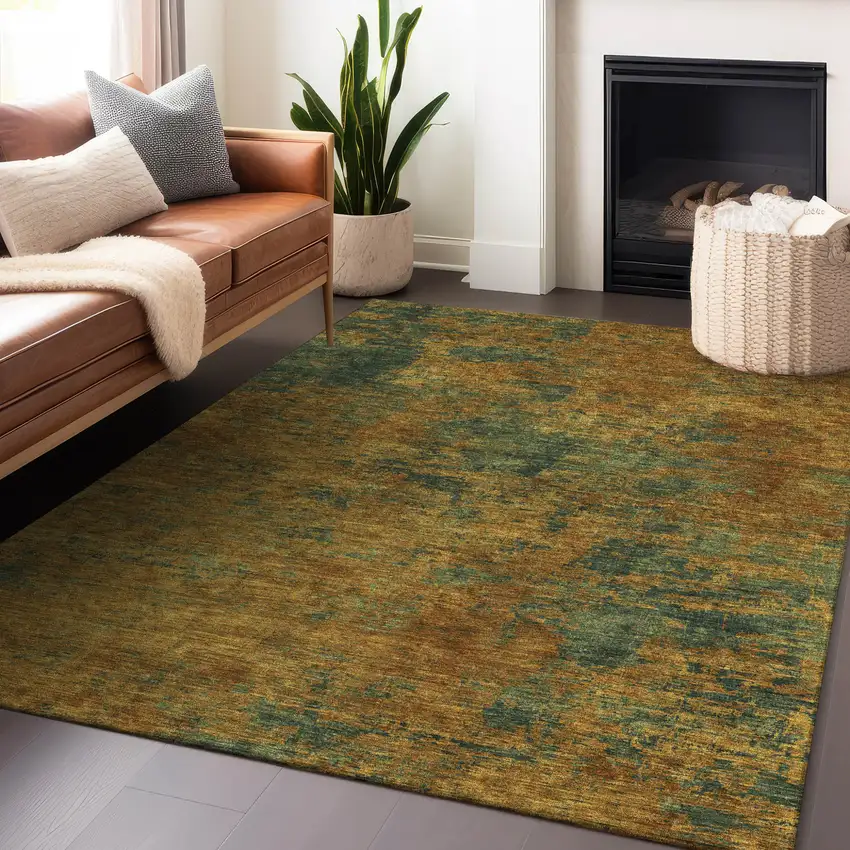 Copper And Green Abstract Washable Indoor Outdoor Area Rug Photo 8