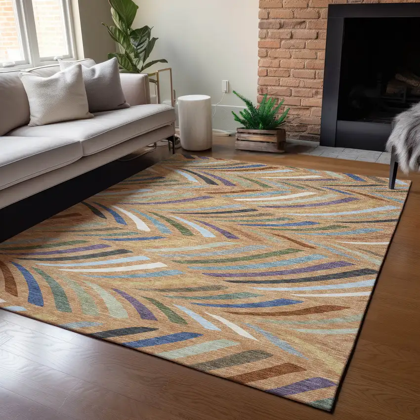 Copper And Green Abstract Washable Indoor Outdoor Area Rug Photo 5