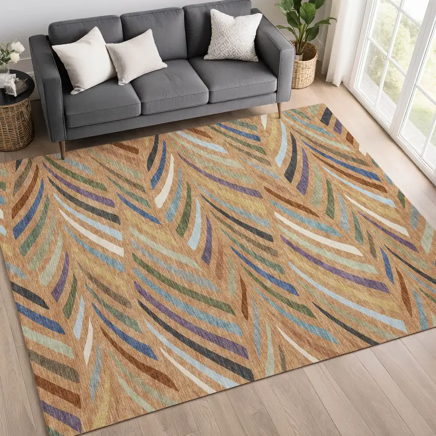 Copper And Green Abstract Washable Indoor Outdoor Area Rug Photo 6