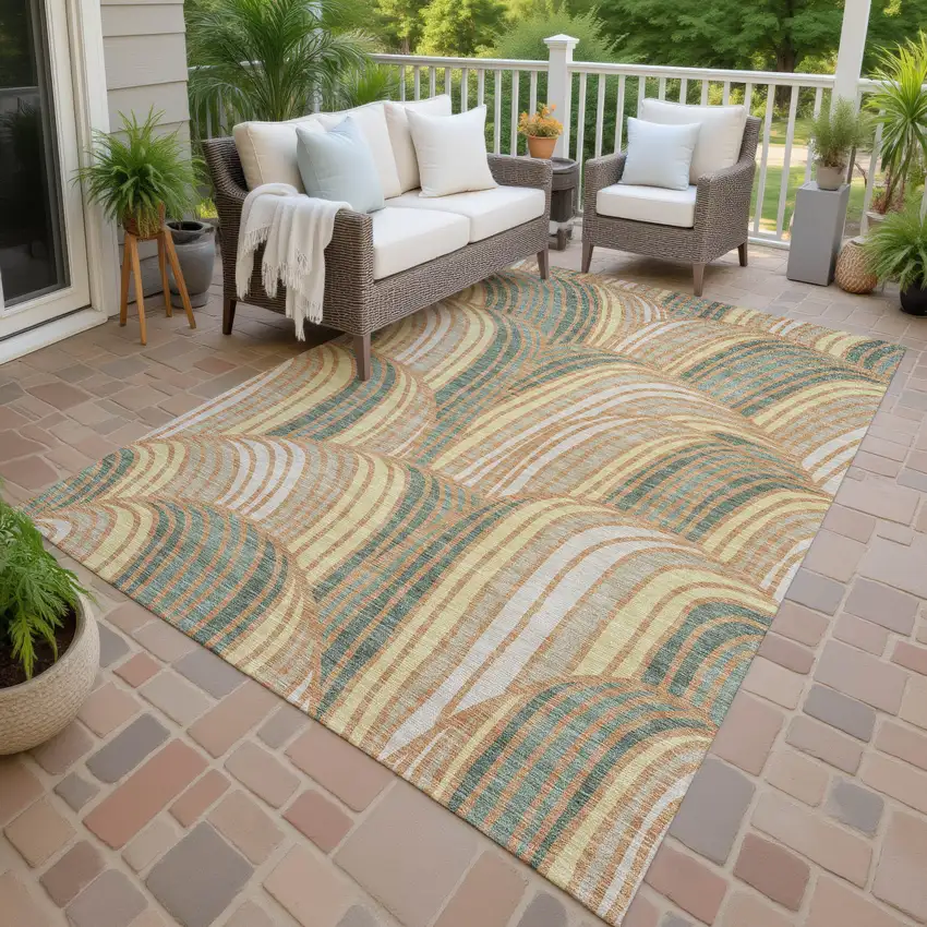 Copper And Green Abstract Washable Indoor Outdoor Area Rug Photo 4