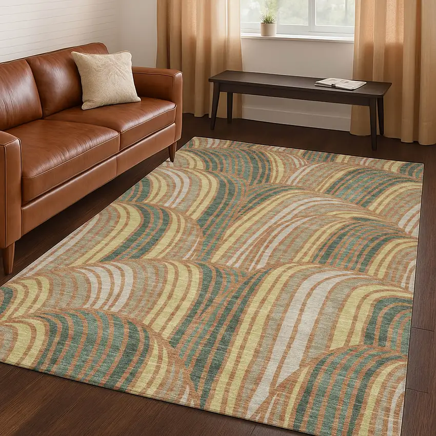 Copper And Green Abstract Washable Indoor Outdoor Area Rug Photo 5