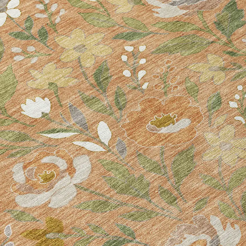 Copper And Green Floral Washable Indoor Outdoor Area Rug Photo 9