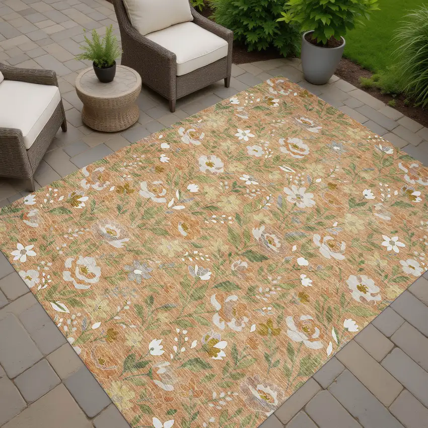Copper And Green Floral Washable Indoor Outdoor Area Rug Photo 7