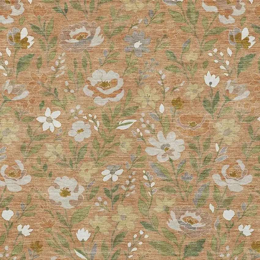 Copper And Green Floral Washable Indoor Outdoor Area Rug Photo 2