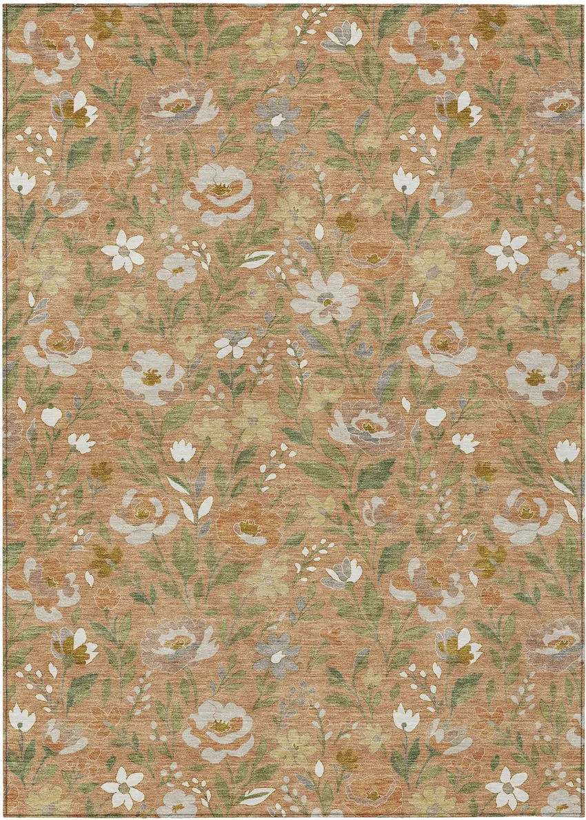 Copper And Green Floral Washable Indoor Outdoor Area Rug Photo 1
