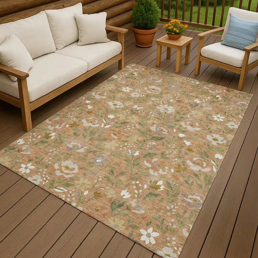 Copper And Green Floral Washable Indoor Outdoor Area Rug Photo 4