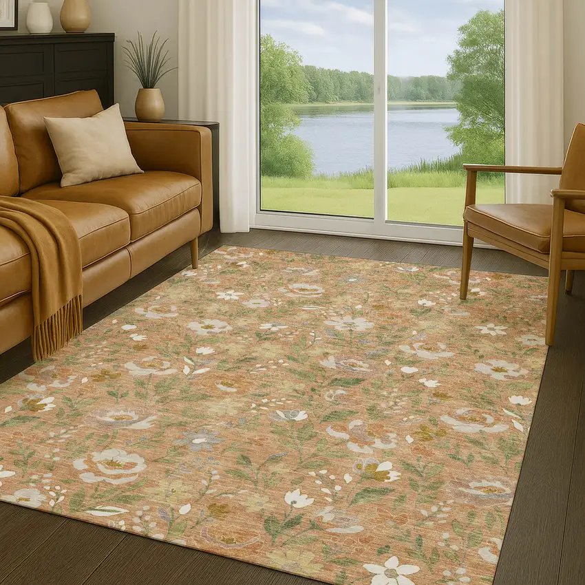 Copper And Green Floral Washable Indoor Outdoor Area Rug Photo 5