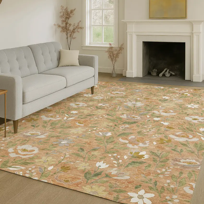 Copper And Green Floral Washable Indoor Outdoor Area Rug Photo 6