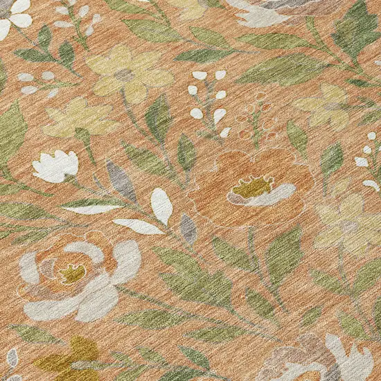 Copper And Green Floral Washable Indoor Outdoor Area Rug Photo 9