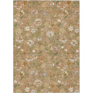 Photo of Copper And Green Floral Washable Indoor Outdoor Area Rug