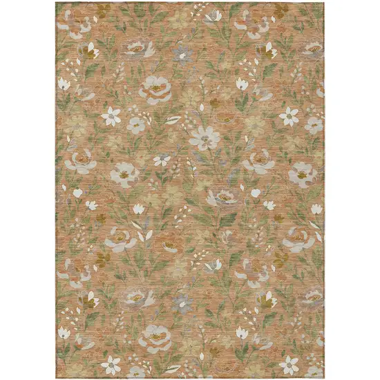 Copper And Green Floral Washable Indoor Outdoor Area Rug Photo 1