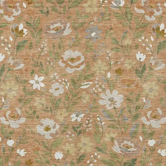 Copper And Green Floral Washable Indoor Outdoor Area Rug Photo 2