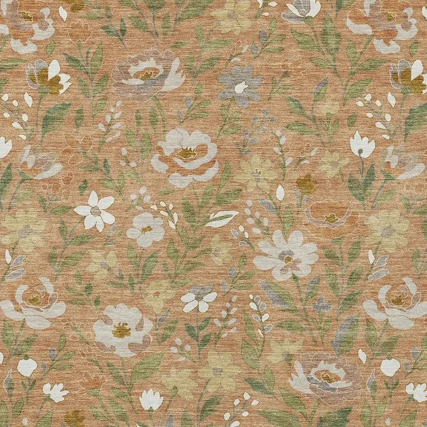 Copper And Green Floral Washable Indoor Outdoor Area Rug Photo 2