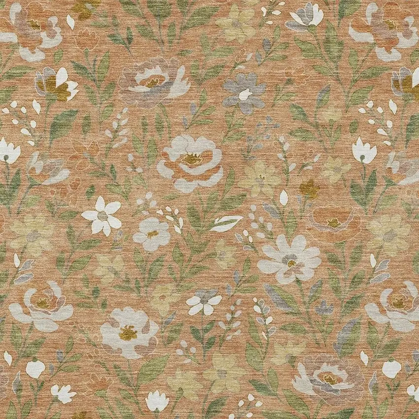 Copper And Green Floral Washable Indoor Outdoor Area Rug Photo 2