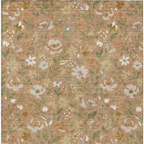 Copper And Green Floral Washable Indoor Outdoor Area Rug Photo 3
