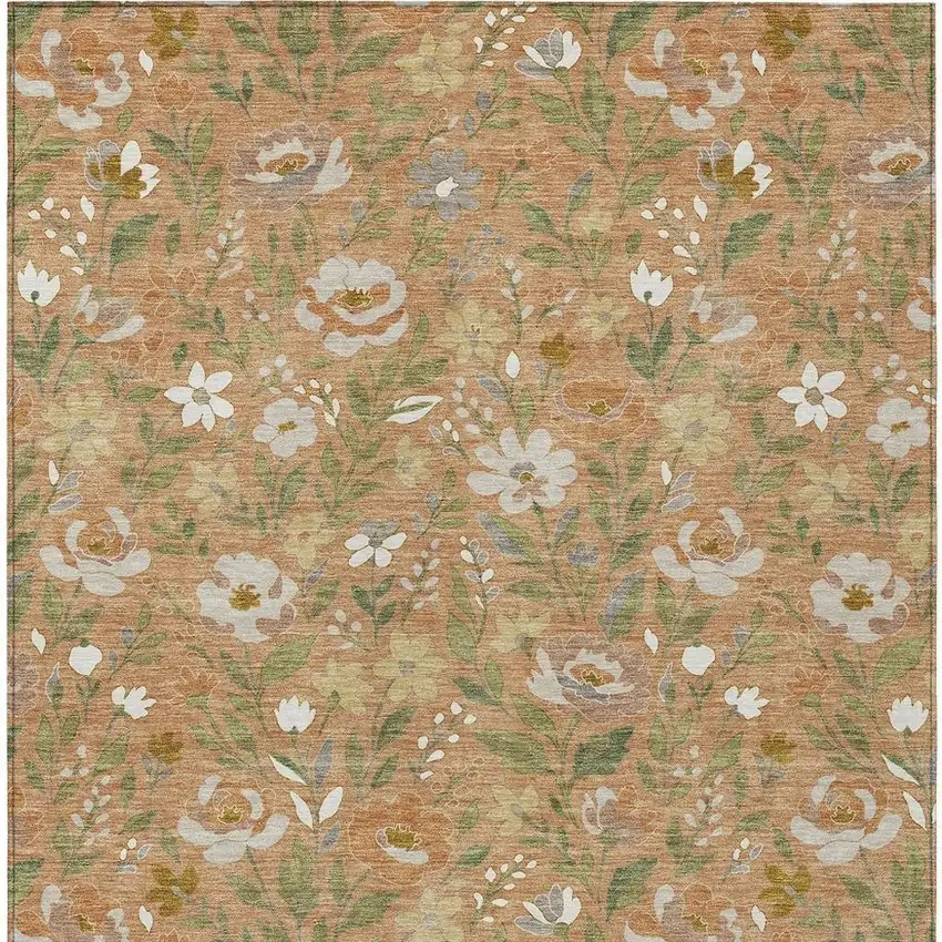 Copper And Green Floral Washable Indoor Outdoor Area Rug Photo 3
