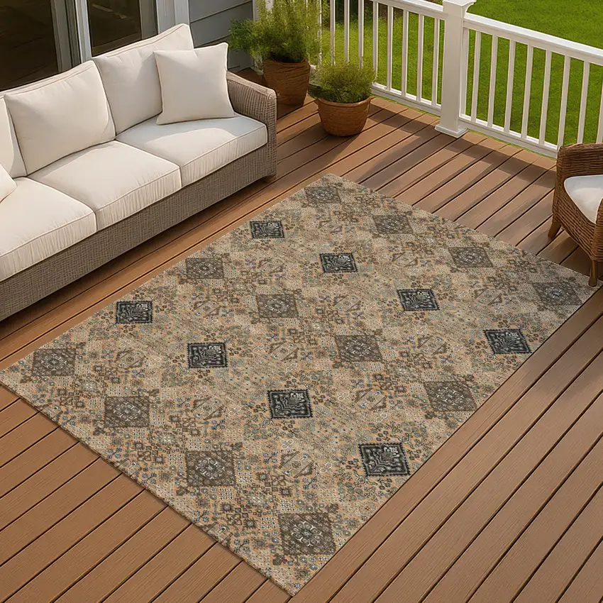 Copper And Green Geometric Washable Indoor Outdoor Area Rug Photo 7