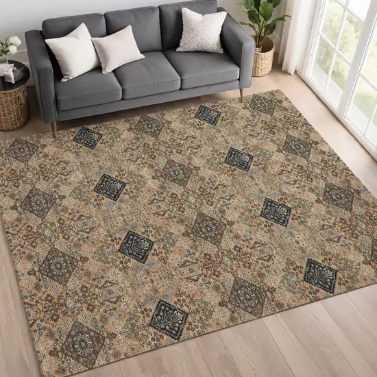 Copper And Green Geometric Washable Indoor Outdoor Area Rug Photo 6