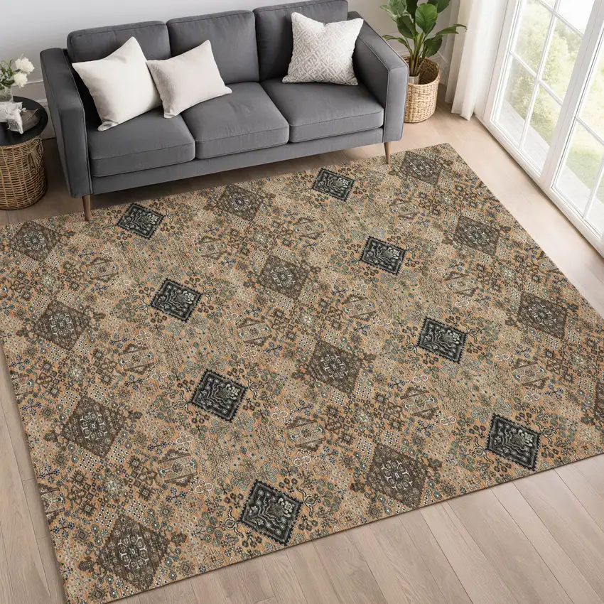 Copper And Green Geometric Washable Indoor Outdoor Area Rug Photo 6