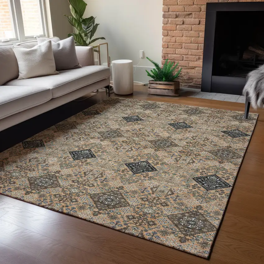Copper And Green Geometric Washable Indoor Outdoor Area Rug Photo 5