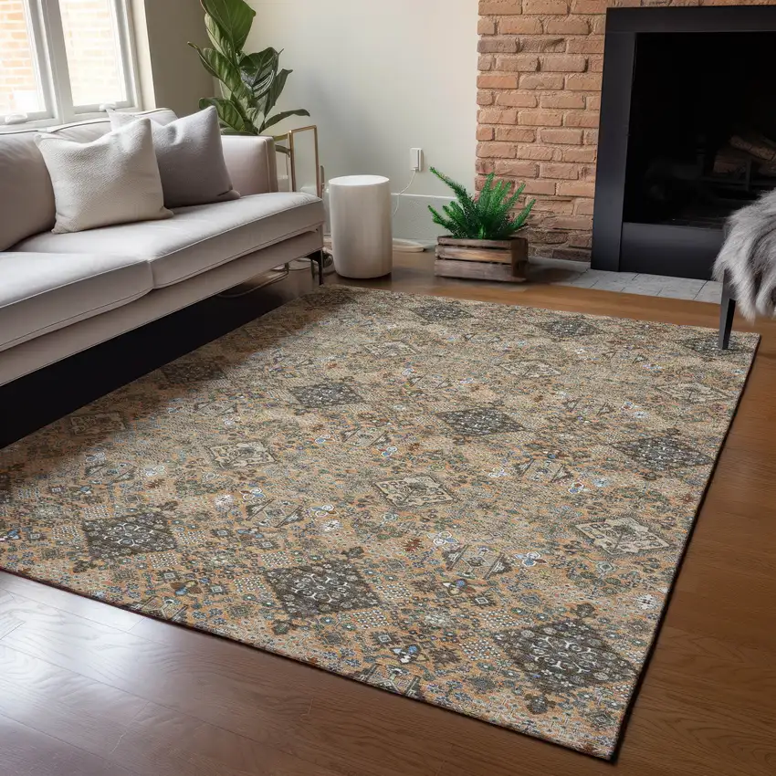 Copper And Green Geometric Washable Indoor Outdoor Area Rug Photo 5