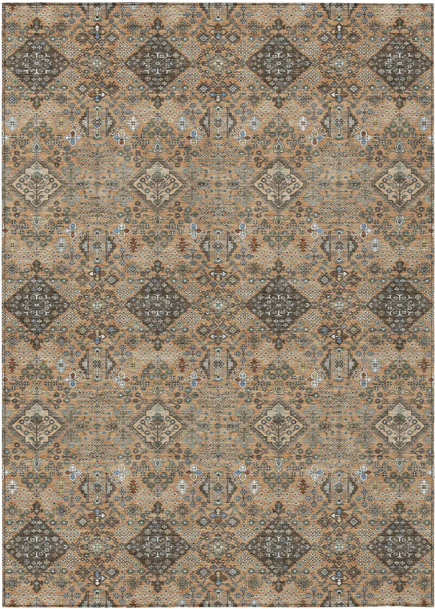Copper And Green Geometric Washable Indoor Outdoor Area Rug Photo 1
