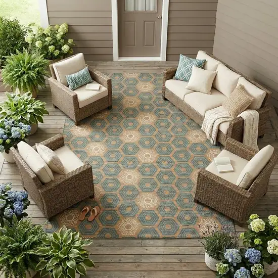 Copper And Green Geometric Washable Indoor Outdoor Area Rug Photo 1