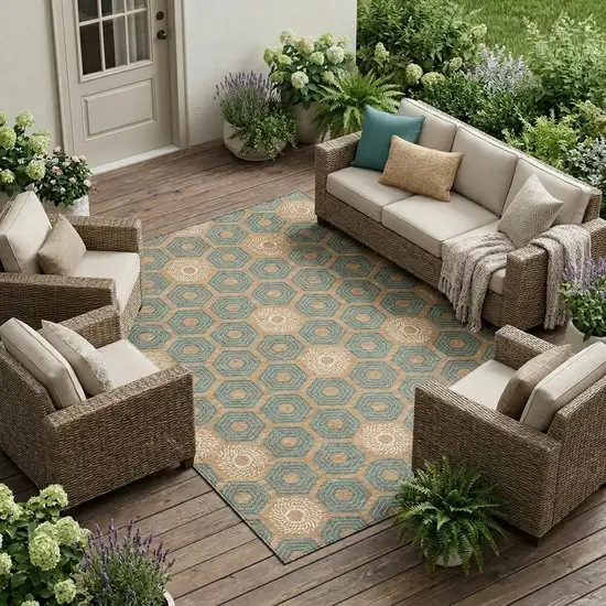 Copper And Green Geometric Washable Indoor Outdoor Area Rug Photo 1
