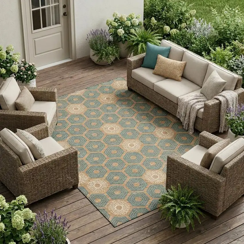 Copper And Green Geometric Washable Indoor Outdoor Area Rug Photo 1