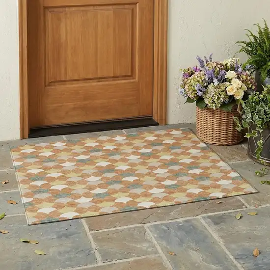 Copper And Green Geometric Washable Indoor Outdoor Area Rug Photo 1