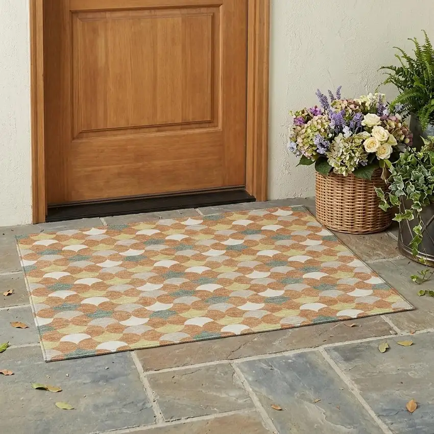 Copper And Green Geometric Washable Indoor Outdoor Area Rug Photo 1