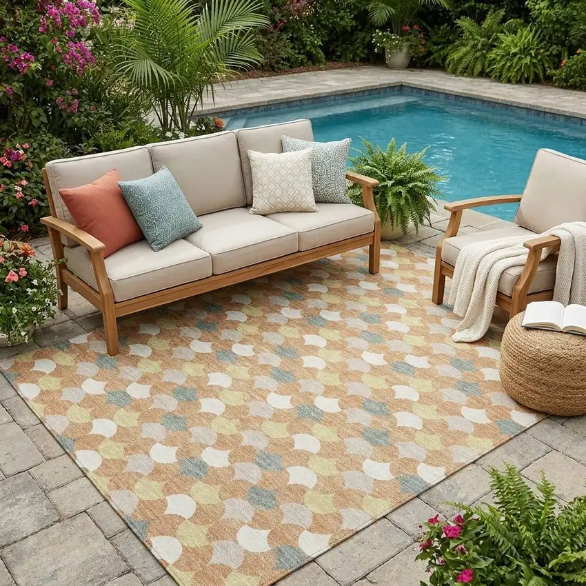 Copper And Green Geometric Washable Indoor Outdoor Area Rug Photo 1