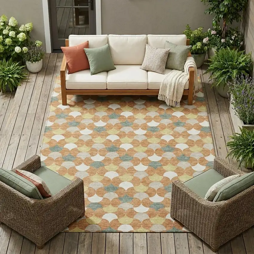 Copper And Green Geometric Washable Indoor Outdoor Area Rug Photo 1