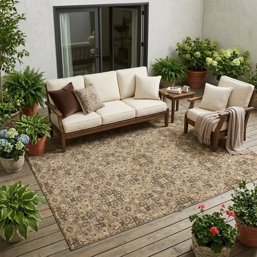 Copper And Green Oriental Washable Indoor Outdoor Area Rug Photo 1