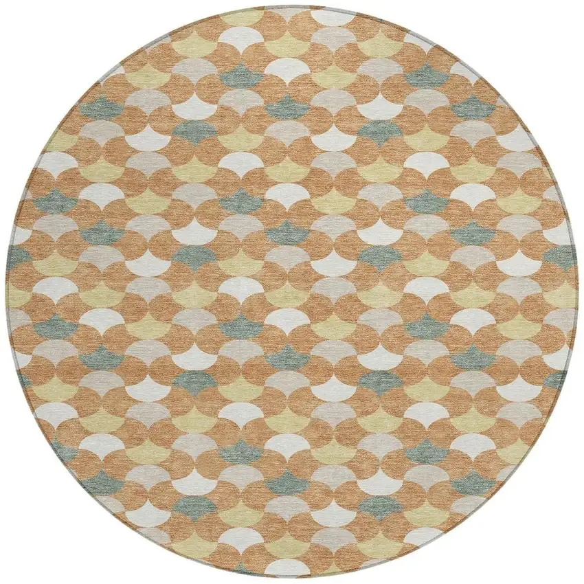 Copper And Green Round Geometric Washable Indoor Outdoor Area Rug Photo 3