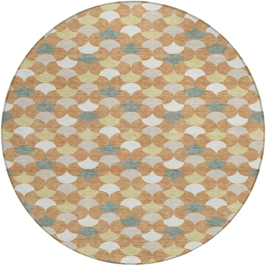 Copper And Green Round Geometric Washable Indoor Outdoor Area Rug Photo 1